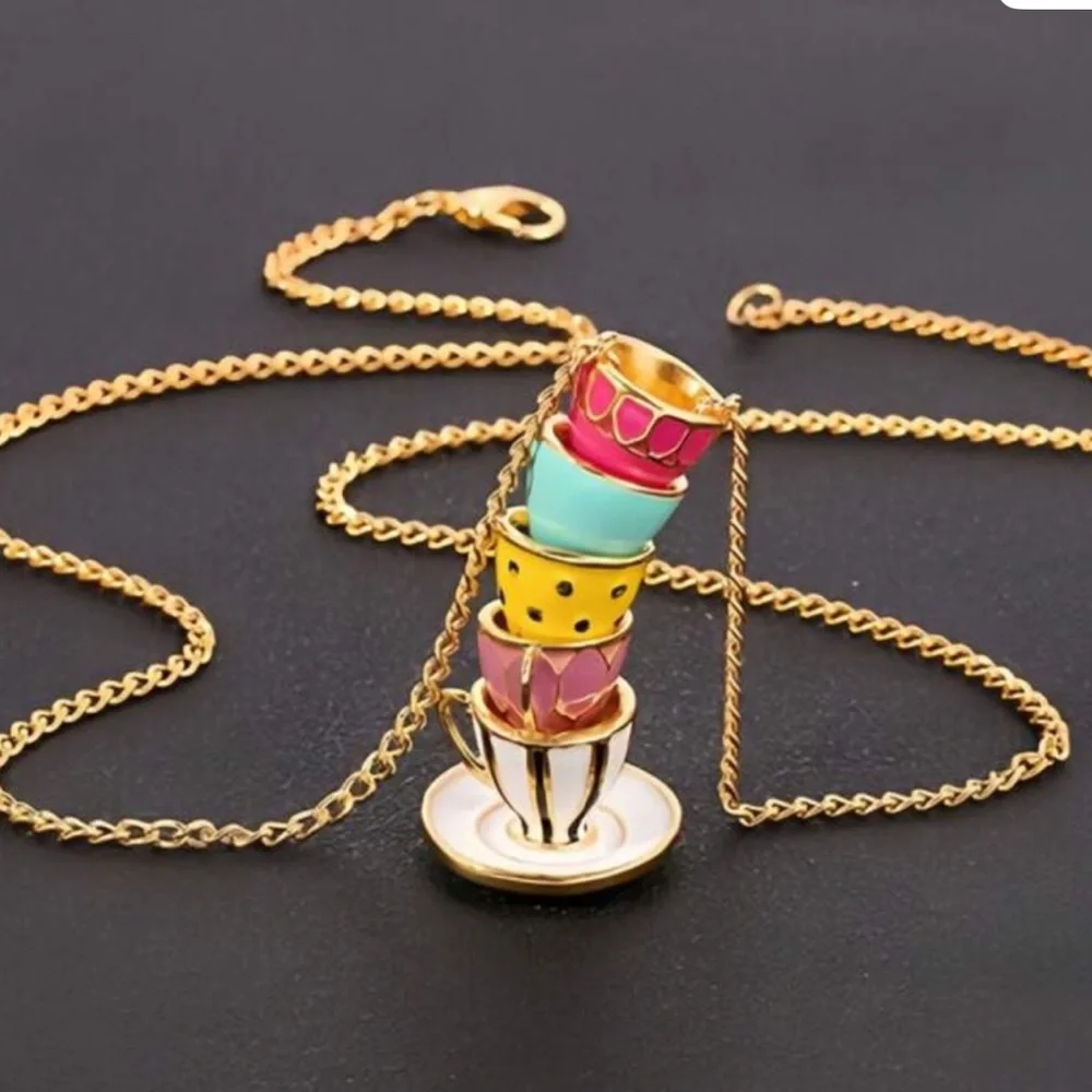 Teacup metal beads jewelry gold tea cup saucer charm pendant Kate Spade necklace - Picture 2 of 8